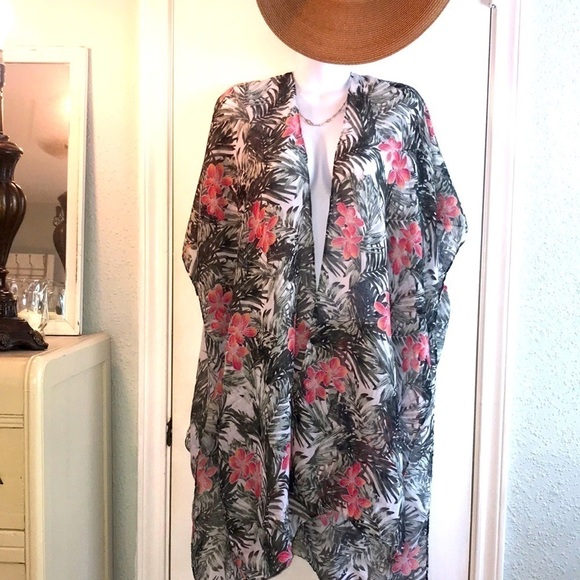 Just Be Tropical Floral Open Front Swim Coverup One Size Palm Leaf - Picture 1 of 9